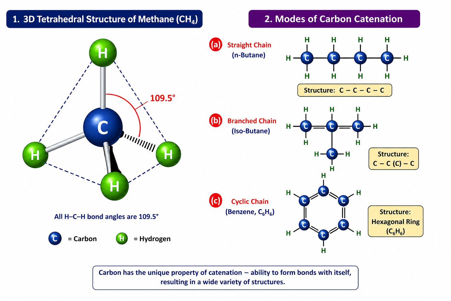 Tetrahedral Structure of Methane and Carbon Catenation Chain Types